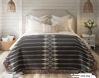 Minimalist Bedroom Decor - Cotton Bedding Throw Blanket - Black White Geometric Pattern, Woven, Cozy Layer