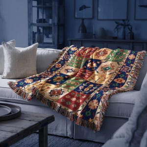 Checkered Floral Sofa Throw Blanket, Turkish Kilim Style Woven Cotton Couch Accent – Customizable