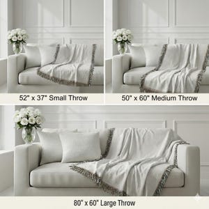 The image is a collage of three photos showing different sizes of throw blankets on a white couch. The first photo shows a small throw blanket, the second photo shows a medium throw blanket, and the third photo shows a large throw blanket.