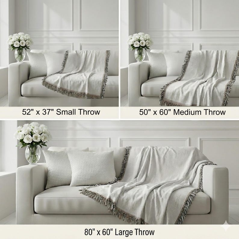 The image is a collage of three photos showing different sizes of throw blankets on a white couch. The first photo shows a small throw blanket, the second photo shows a medium throw blanket, and the third photo shows a large throw blanket.