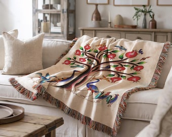 Armenian Tree of Life Woven Throw Blanket - Cotton Material, Perfect Heritage Decor - Customizable