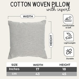 The image is a product image for a cotton woven pillow with an insert. It features a gray pillow with measurements and features, including width, height, comfort, and durability.