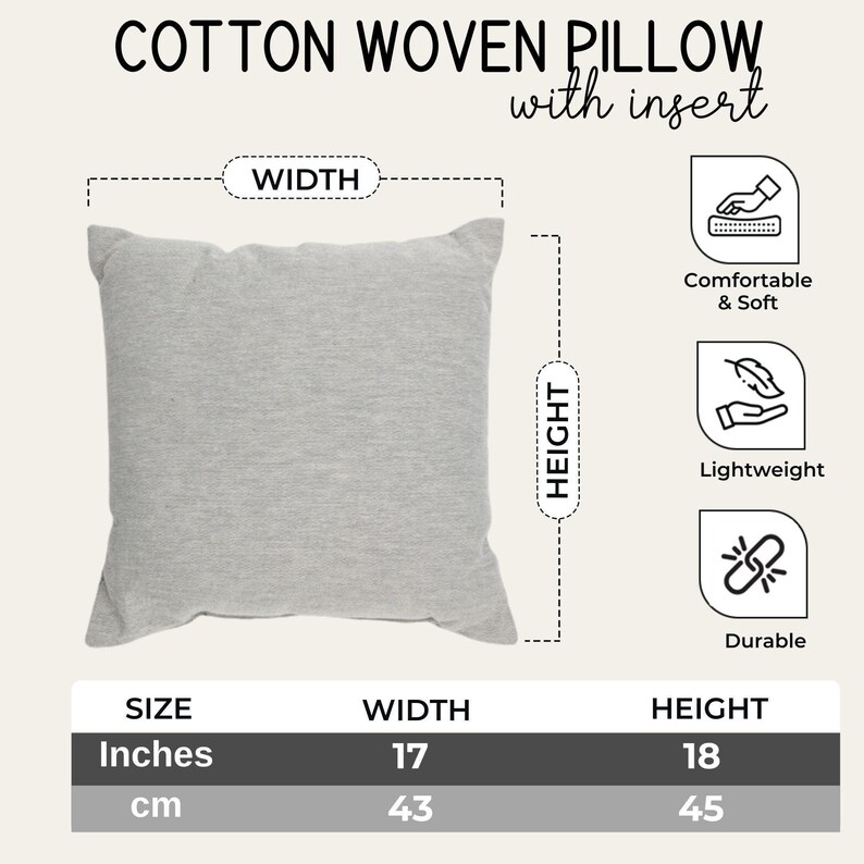 The image is a product image for a cotton woven pillow with an insert. It features a gray pillow with measurements and features, including width, height, comfort, and durability.