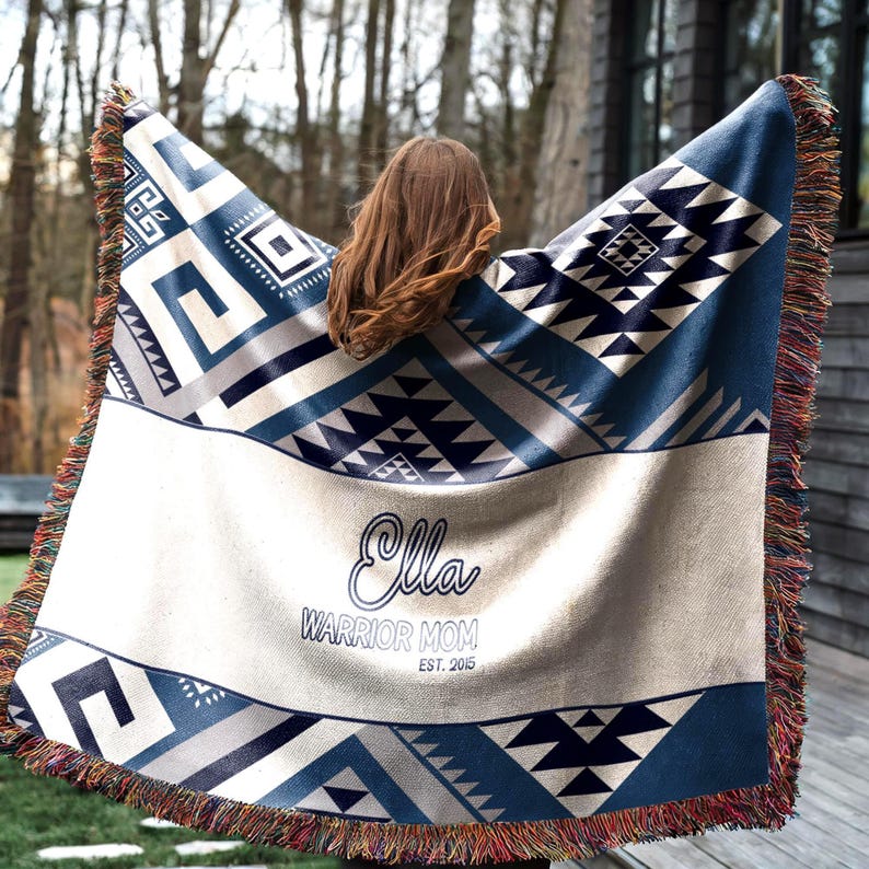 Custom Woven Blanket, Personalized with Name Aztec Pattern, Outdoor Cozy Throw, Travel Picnic Throw, Modern Rustic Style, Mothers Day Gift