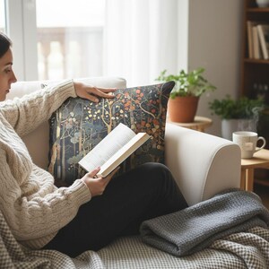 A person is sitting on a couch, reading a book and holding a cup of coffee.