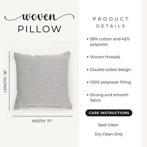 The image is a product description for a gray woven pillow. It provides details about the pillow's dimensions, materials, and care instructions.