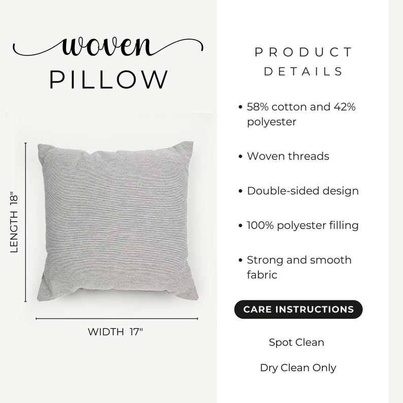 The image is a product description for a gray woven pillow. It provides details about the pillow's dimensions, materials, and care instructions.