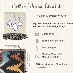 a care instructions guide for a cotton woven blanket. It provides instructions on how to care for the blanket, including gentle washing, tumble drying, and using mild detergent. The blanket is described as a cozy, 100% cotton fringed blanket with a colorful edge fringe. The image also includes a visual representation of the blanket and some text providing additional information about the care instructions.