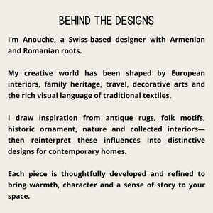 Behind the Designs card introducing Anouche, a Swiss-based designer with Armenian and Romanian roots, and the cultural influences behind her artwork.