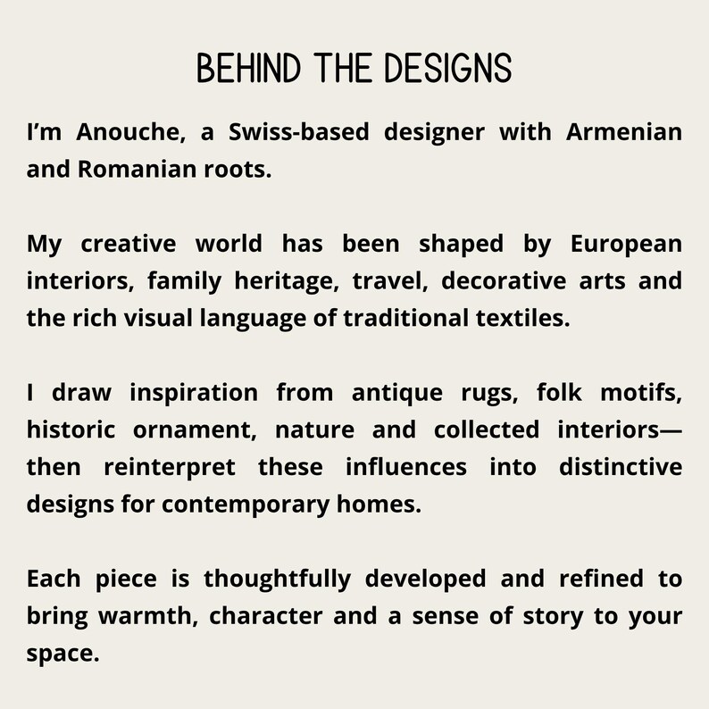 Behind the Designs card introducing Anouche, a Swiss-based designer with Armenian and Romanian roots, and the cultural influences behind her artwork.