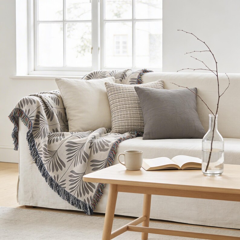 a cozy living room with a white sofa adorned with throw pillows and a gray blanket. A wooden coffee table sits in front of the sofa, with a book and a coffee mug on it. A clear glass vase holding a branch is placed on the table, and a window with white curtains lets in natural light, creating a warm and inviting atmosphere.