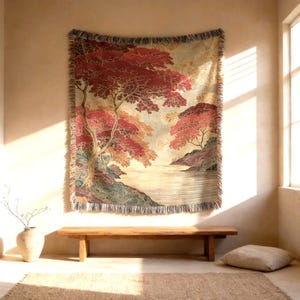 Japanese Landscape Wall Tapestry, Red Woven Textile Art Decor- Customizable