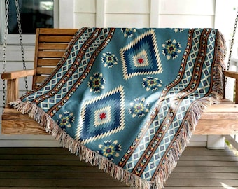 Rustic Woven Blanket Outdoor Throw: Southwestern Geometric Pattern, Teal Brown Cotton (Fringed Edges, Versatile Sizes)