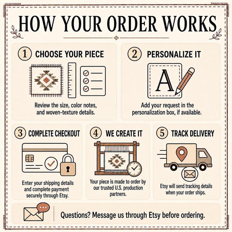 Illustrated ordering guide covering selection of size or material, personalization, checkout, production and tracked delivery.