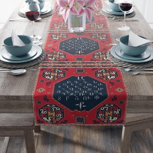 Armenian Alphabet Table Runner: Traditional Letters Design, Red Boho Napery | Cotton, Long 16x90 Inches, Cultural Dining Decor -Customizable