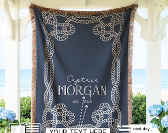 Nautical Rope Knot Blanket: Navy Blue Captain Throw - Personalized Maritime Gift, Cotton Fabric - Customizable