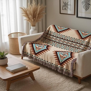 Southwest Native American Woven Blanket, Cozy Indian Throw Blanket, Brown Turquoise Tribal Tapestry, Rustic Rustic Print, Boho Home Decor
