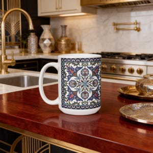 Oriental Tile Mug, Armenian Pattern Ceramic Cup, Blue Ethnic Print Coffee Cup, Boho Kitchen Decor Gift For Tea And Latte Lovers-Customizable
