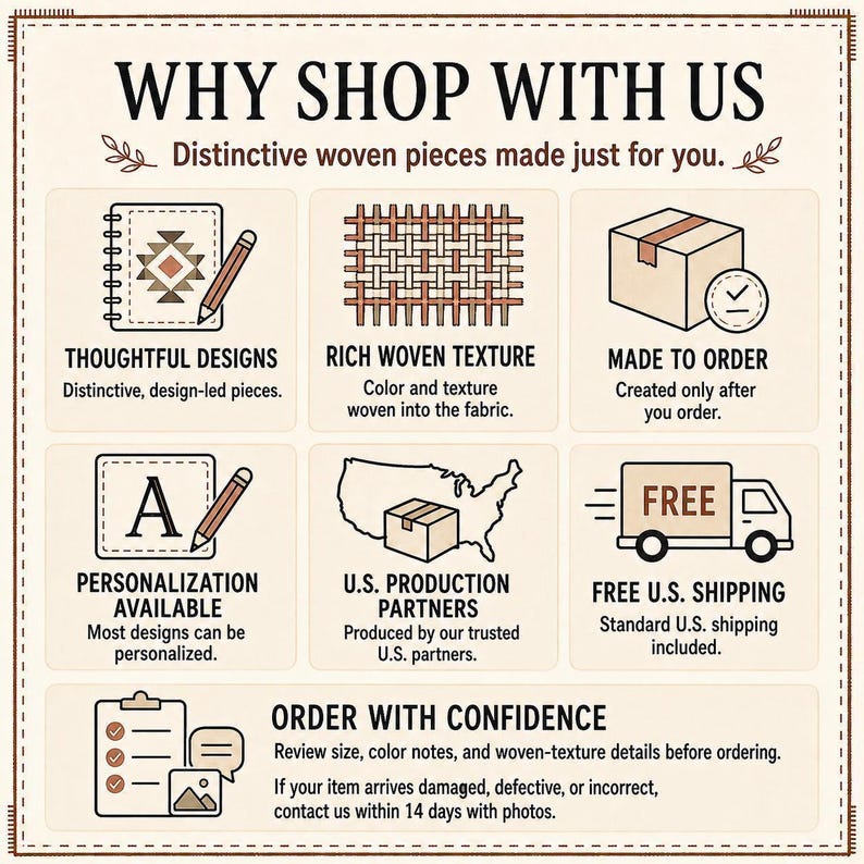 Why Shop With Us card describing original designs, woven texture, made-to-order production, personalization, shipping and help with order problems.