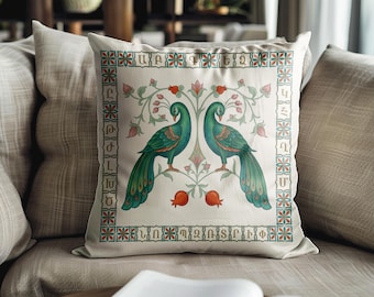 Armenian Alphabet Pillow Cover, Green And Cream, Peacock Pattern, Boho Pillow Decor, Custom Text Pillow