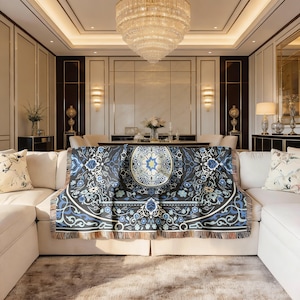 Boho Throw Blanket Turkish Rug Pattern, Woven Cotton Sofa Throw, Living Room Decor, Kilim Style Couch Accent, Cozy Home Textile