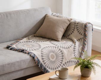 Sofa Throw Blanket and Pillow Set, Woven Cotton in Charcoal Beige with Fringed Edges - Customizable