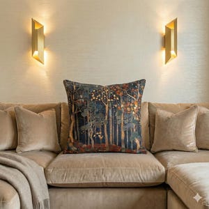 Art Deco Cushion Cover, Retro Style Pillow with Forest Design, Forestcore Pattern, Aubusson-Inspired Decor Pillowcase, Multiple Sizes