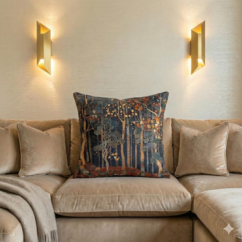 Art Deco Cushion Cover, Retro Style Pillow with Forest Design, Forestcore Pattern, Aubusson-Inspired Decor Pillowcase, Multiple Sizes