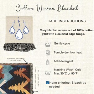 a care instructions guide for a cotton woven blanket. It provides instructions on how to care for the blanket, including gentle washing, tumble drying, and using mild detergent. The blanket is described as a cozy, 100% cotton fringed blanket with a colorful edge fringe. The image also includes a visual representation of the blanket and some text providing additional information about the care instructions.
