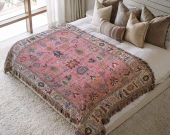 Bedroom Throw Woven Blanket Turkish Rug Style – Pink Boho Cotton Throw with Colorful Fringes for Sofa & Bed - Customizable