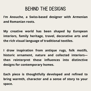 Behind the Designs card introducing Anouche, a Swiss-based designer with Armenian and Romanian roots, and the cultural influences behind her artwork.