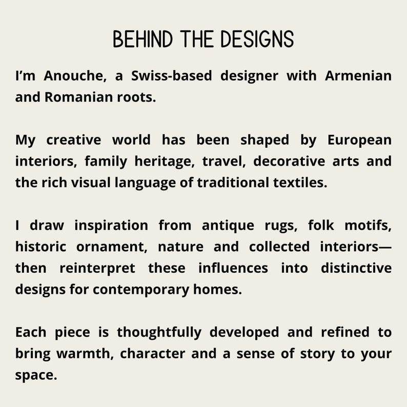 Behind the Designs card introducing Anouche, a Swiss-based designer with Armenian and Romanian roots, and the cultural influences behind her artwork.