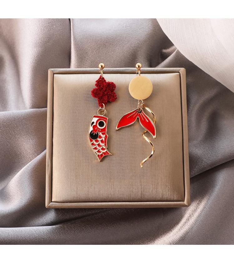 Milue Koi Red Stud Earrings 925 Sterling Silver Fish Ear Studs Jewellery for Woman Girl　並行輸入品