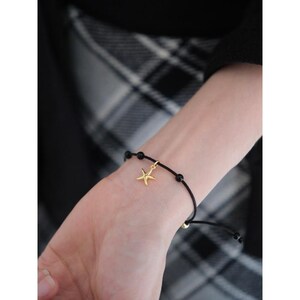 Pulsera de hilo negro, pulsera de hilo negro, pulsera de estrella de acero bañado en oro, pulsera de cordón de estrella, pulsera de deseos de estrella, pulsera de dijes de estrella