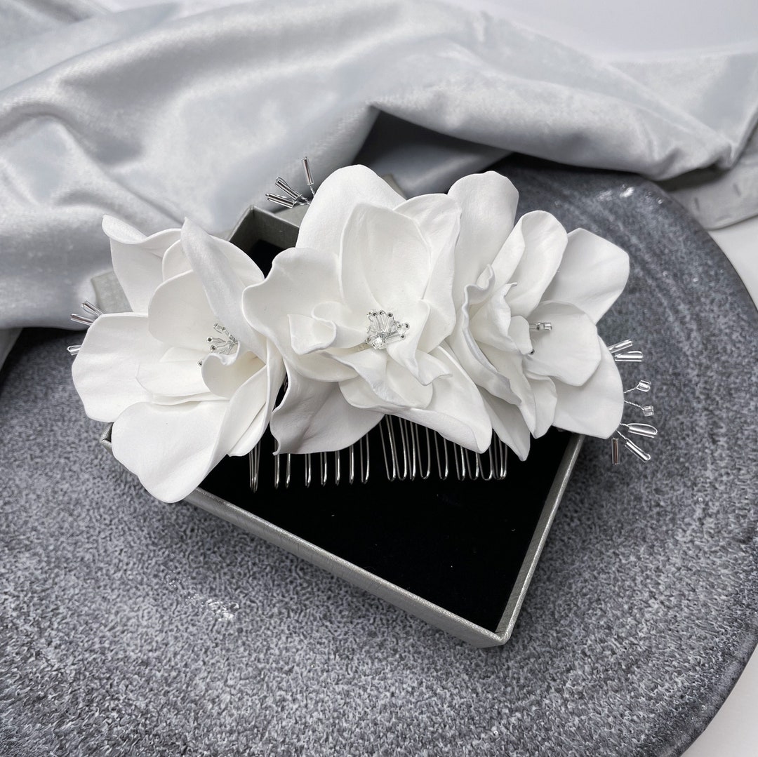 White Flower Wedding Hair Piece, Bridal Hair Vine, Wedding Hair Accessories, Silver Wedding Hair