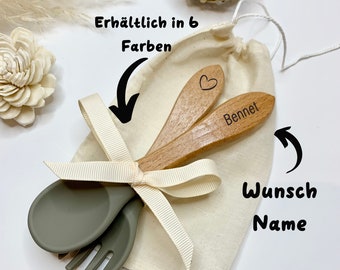 Personalisierter Löffel und Gabel für Kinder, Besteckset aus Holz und Silikon, Geschenk zur Geburt, Personalisiertes Geschenk für Kind, Gift