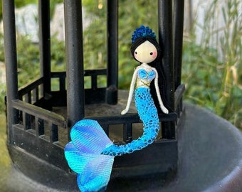 Handcrafted Poseable Mermaid Doll - 6.5" Azure, Blue Mermaid Decoration