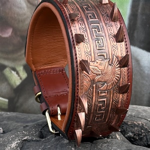 Könnte beinhalten: Ein braunes Leder-Halsband für Hunde mit kupferfarbenem Dekor. Das Halsband hat eine Reihe von kupferfarbenen Stacheln und ein geprägtes Muster mit einem Fabelwesen. Das Halsband hat eine Messingschnalle.