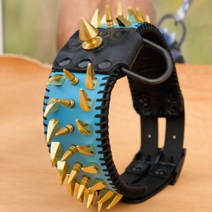Turquoise Spiked Dog Collar with Gold Spikes  Black Stitch Detail | 8cm Wide Handmade Leather Collar for American Bully, Cane Corso, pitbull