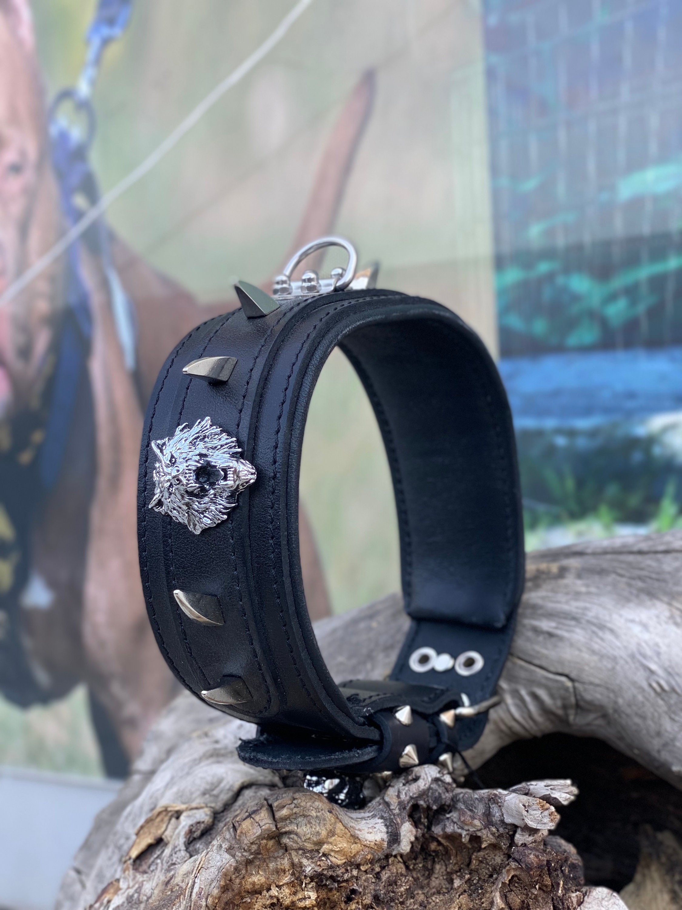 Handmade Leather Dog Collar Wolf Logo, Steel Buckle, Large Breed