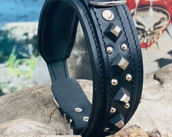 Black Leather Studded Dog Collar: Padded Buffalo Leather, Wide 4.5cm