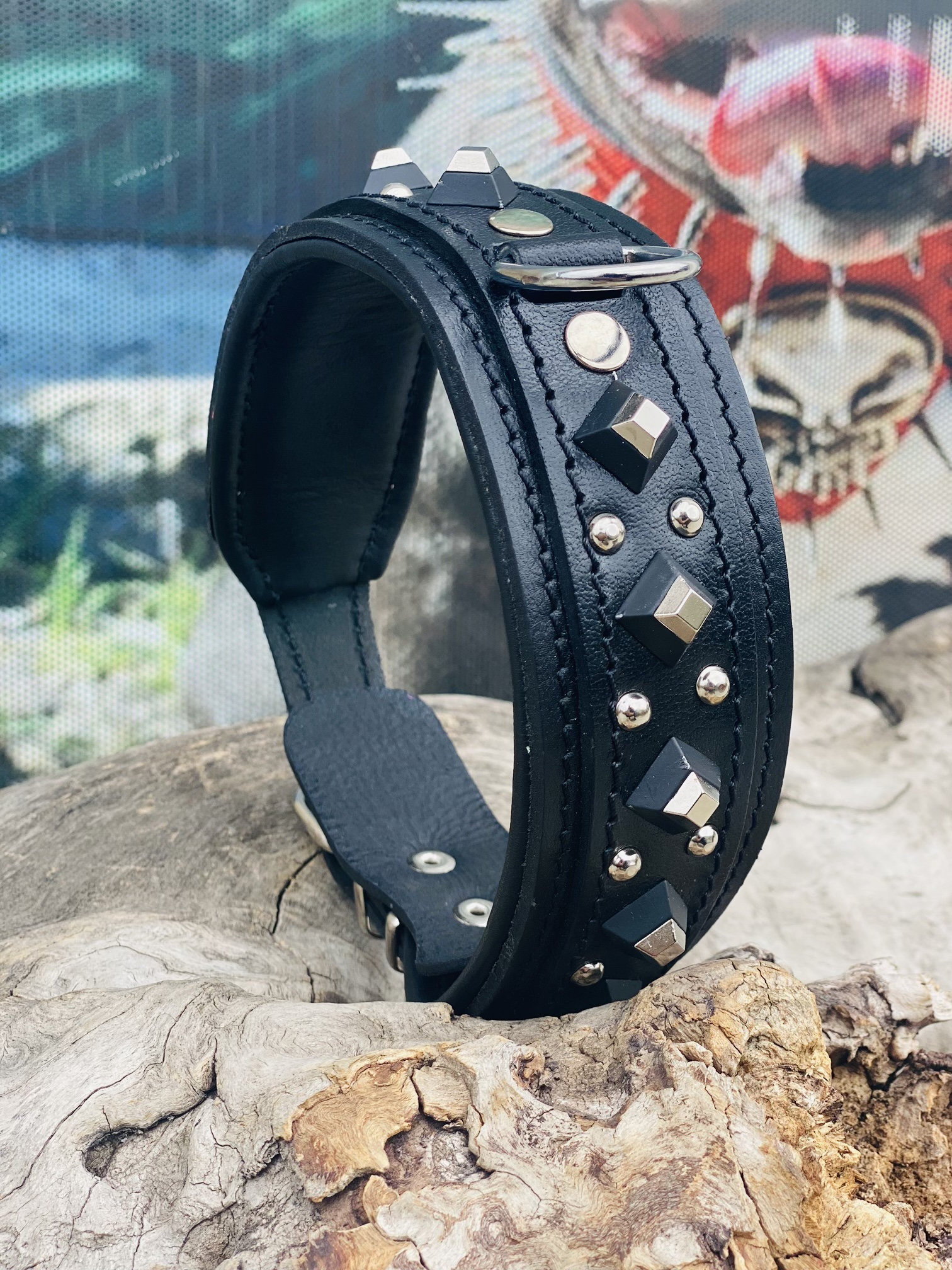 Black Leather Studded Dog Collar Padded Buffalo Leather, Wide 4.5cm