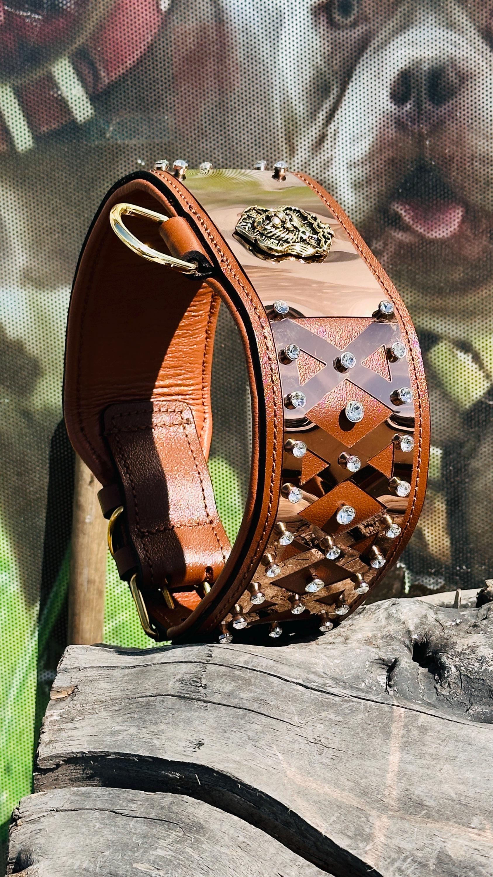 Elegant Brown Leather Crystal Accents large dog collar custom HandMade New Hounds and Bones premium dog collar made with hand selected  main image 3