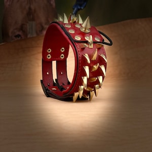 Red Spiked Dog Collar with Gold Spikes | 8cm Wide Handmade Buffalo Leather Collar for Cane Corso, American Bully, Presa Canario, K9, pitbull