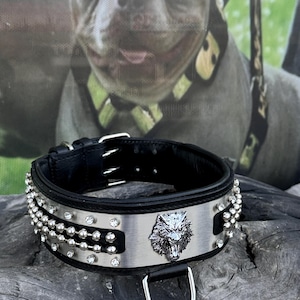 Wolf Emblem Luxury Dog Collar – 6cm(2,36&#39;&#39;), Wide Handmade Leather Collar with Steel Plate for Cane Corso, Kangal, Rottweiler, Presa Canario