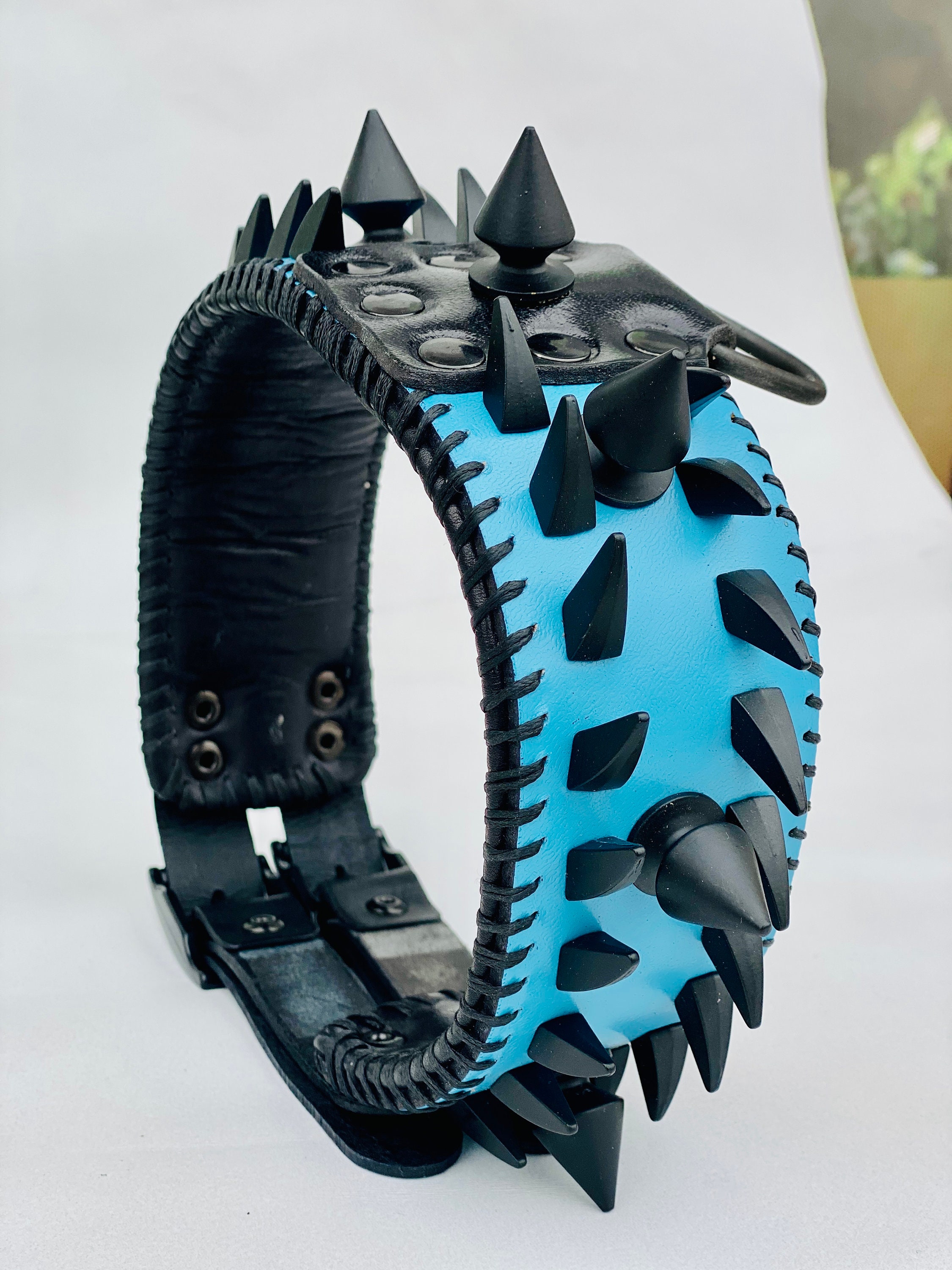Blue Camo Spiked Dog Collar, Personalized Large Handmade Leather Lined Collar For Cane Corso, Kangal, Malinois, Rottweiler