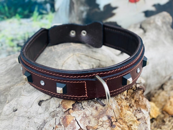 Elegant Brown Leather Crystal Accents large dog collar custom HandMade New Barrington Wide 2 Inch Luxury Crystal Leather Dog Collar for  main image 4