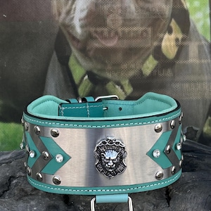Turquoise Green Crystal Dog Collar – 8cm Wide Handmade Extreme Leather Collar for Cane Corso, Kangal, Rottweiler, Presa Canario, Bully