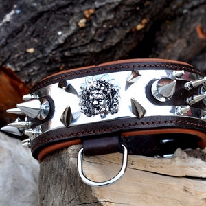 Medusa Logo Spiked Dog Collar | 6cm Wide Steel Plate & Leather | Handmade Extreme Collar for Cane Corso, Rottweiler, K9, Presa Canario