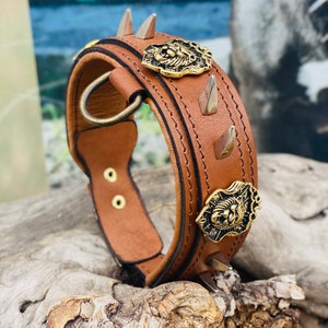 Taba Leather Dog Collar with Gold Lion Emblems & Spikes | 5cm Wide Soft Padded Buffalo Leather | Handmade Collar for presa canario, pitbull